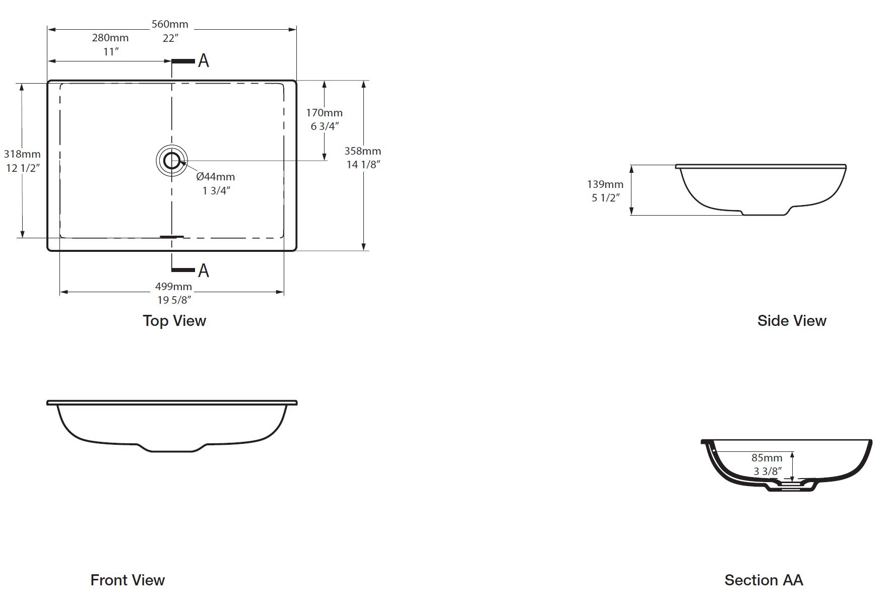 Kaldera 56 Series, Undermount basin L560mm | Equip Bathrooms